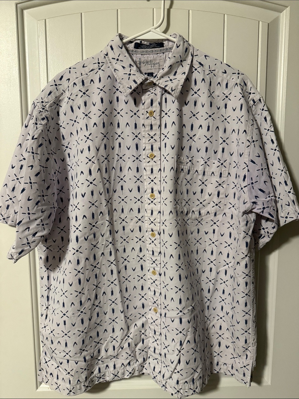 Vintage Mens Tommy Hilfiger White Short-Sleeve Button-Up Shirt Sz L Navy Pattern